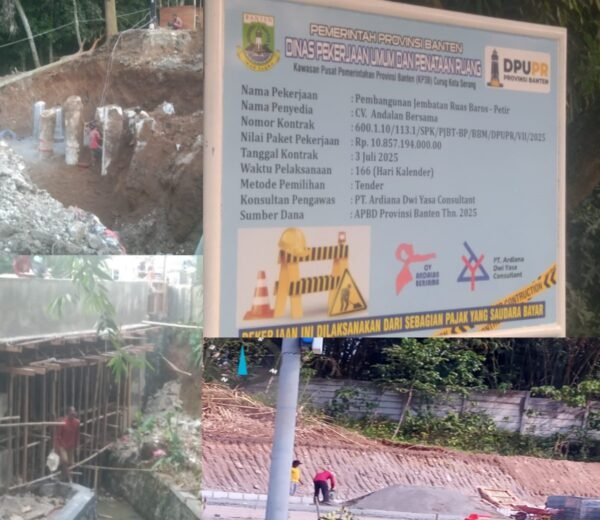 "Pekerja proyek DPUPR Banten di kawasan Banten International Stadium terlihat tanpa menggunakan perlengkapan keselamatan kerja (K3)"