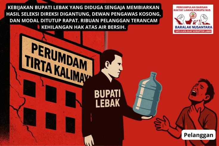 Ilustrasi kritis menggambarkan kevakuman Perumdam Tirta Kalimaya akibat kebijakan Bupati Lebak, dengan simbol warga pengguna air PDAM yang kehausan.