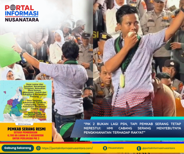 Anggota HMI Cabang Serang menggelar aksi simbolik menolak perluasan PIK 2 di depan Kantor Bupati Serang.