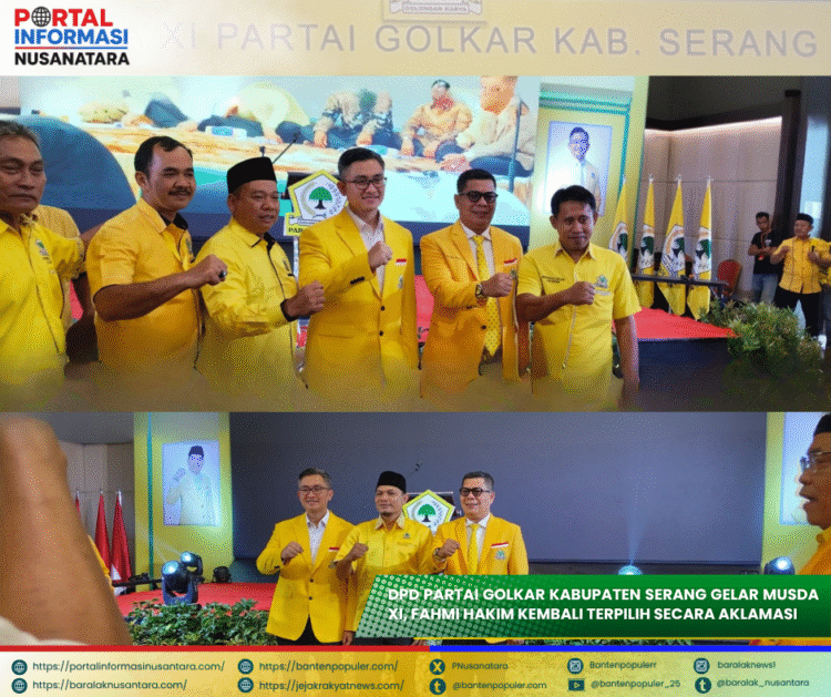 Ketua DPD Partai Golkar Kabupaten Serang, Fahmi Hakim, bersama pengurus partai usai ditetapkan secara aklamasi dalam Musda XI di Swiss-Belinn Modern Cikande.