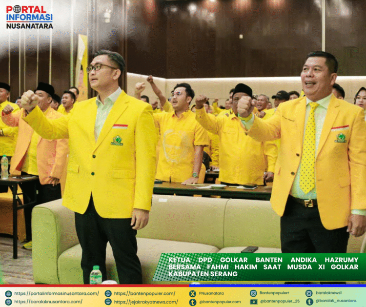 Ketua DPD Golkar Banten Andika Hazrumy dan Ketua DPD Golkar Kabupaten Serang terpilih Fahmi Hakim bersama kader Golkar saat Musda XI Golkar Kabupaten Serang.