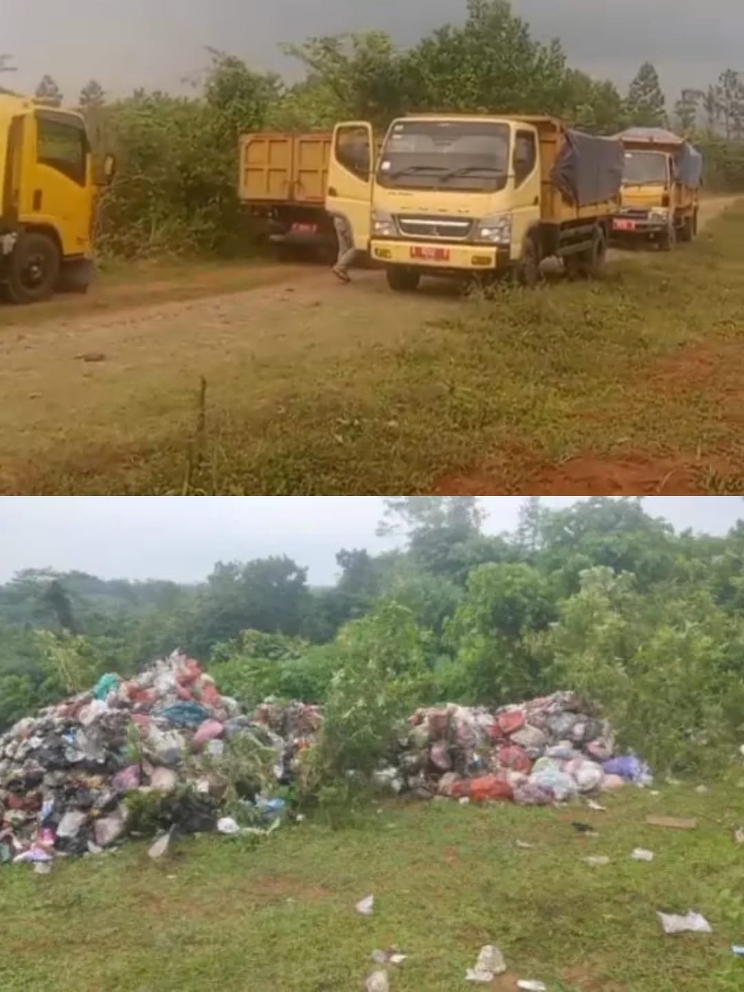 Beberapa truk berplat merah bertuliskan DLH Kabupaten Serang membuang tumpukan sampah di lahan terbuka di Desa Gunung Anten, Kecamatan Cimarga, Kabupaten Lebak.