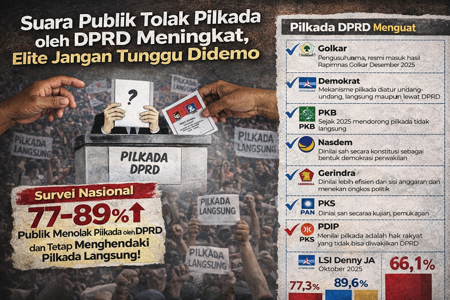 Mayoritas Rakyat Menolak Pilkada oleh DPRD, Elite Politik Diingatkan Hentikan Wacana 1 Infografik menunjukkan mayoritas publik Indonesia menolak Pilkada lewat DPRD dan menuntut Pilkada langsung berdasarkan hasil survei nasional.