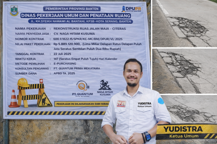 Yudistra Ketua Umum Baralak Nusantara berdiri di depan papan proyek Rekonstruksi Jalan Maja–Citeras APBD Banten 2025, dengan dokumentasi kerusakan beton jalan retak dan amblas di sisi kanan gambar.