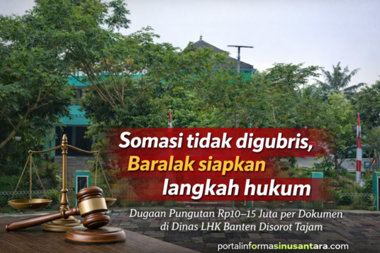 Somasi Tak Digubris, BARALAK Siap Tempuh Jalur Hukum atas Dugaan Pungutan Dokumen Lingkungan di DLHK Banten 1 Gedung Dinas Lingkungan Hidup dan Kehutanan Provinsi Banten dengan headline berita tentang dugaan pungutan Rp10–15 juta per dokumen yang disorot tajam.